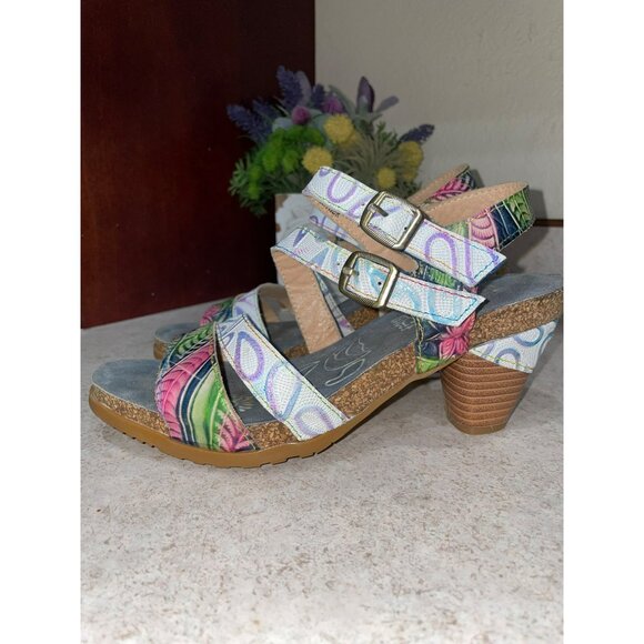 L’Artiste Bakiki Womens Genuine Leather Multicolor Strappy Sandals With Cork Sol - Picture 1 of 7